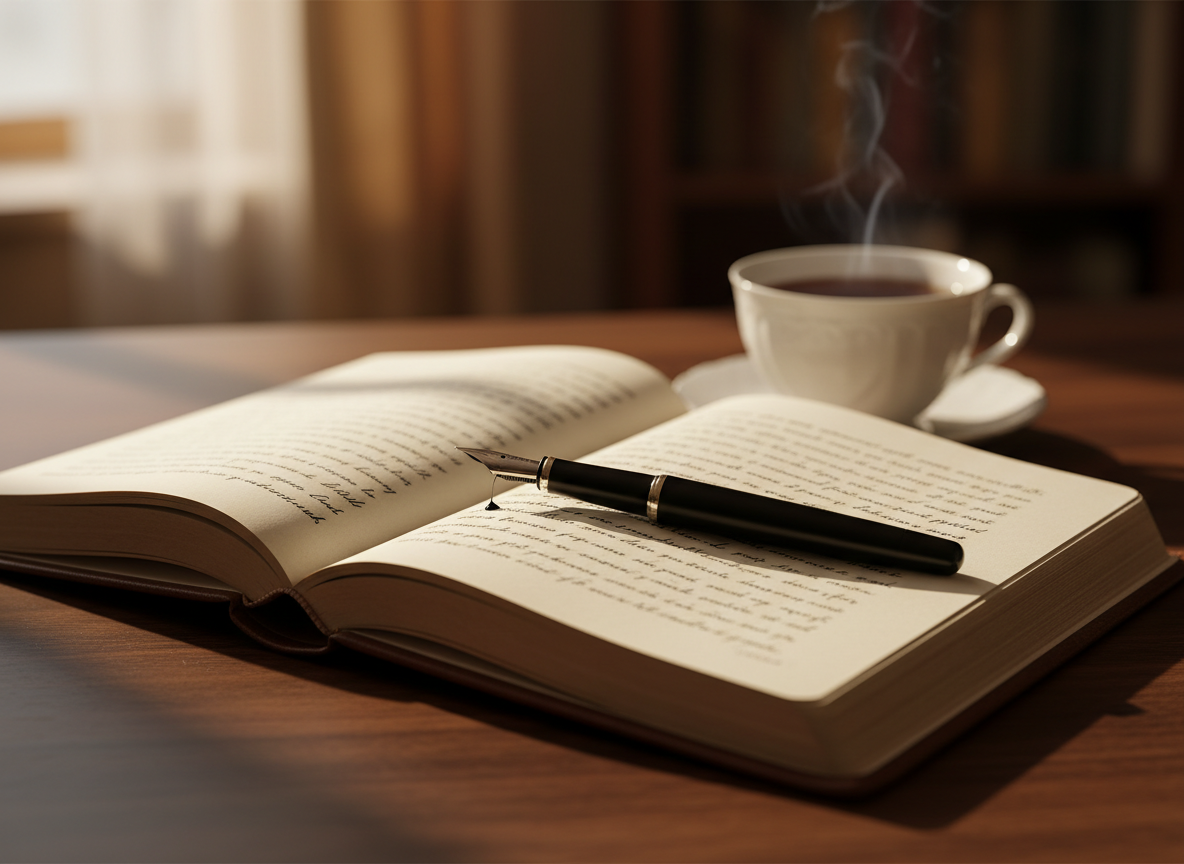 A meticulously arranged still life of a leather-bound journal half-open, revealing creamy, slightly textured pages filled with flowing handwritten verses that fade into softness near the edges. A fine, matte black fountain pen rests diagonally across the page, a single droplet of ink poised at its nib. The journal is placed on a dark walnut desk with subtle grain patterns, beside a porcelain cup of cooling black tea. Soft golden-hour window light grazes the scene from the left, casting long, contemplative shadows and creating gentle highlights on the ink and pen. Photographic realism, shot at eye level with a shallow depth of field, the background dissolving into warm, sophisticated blur, evoking introspection and the quiet intensity of unsaid feelings.