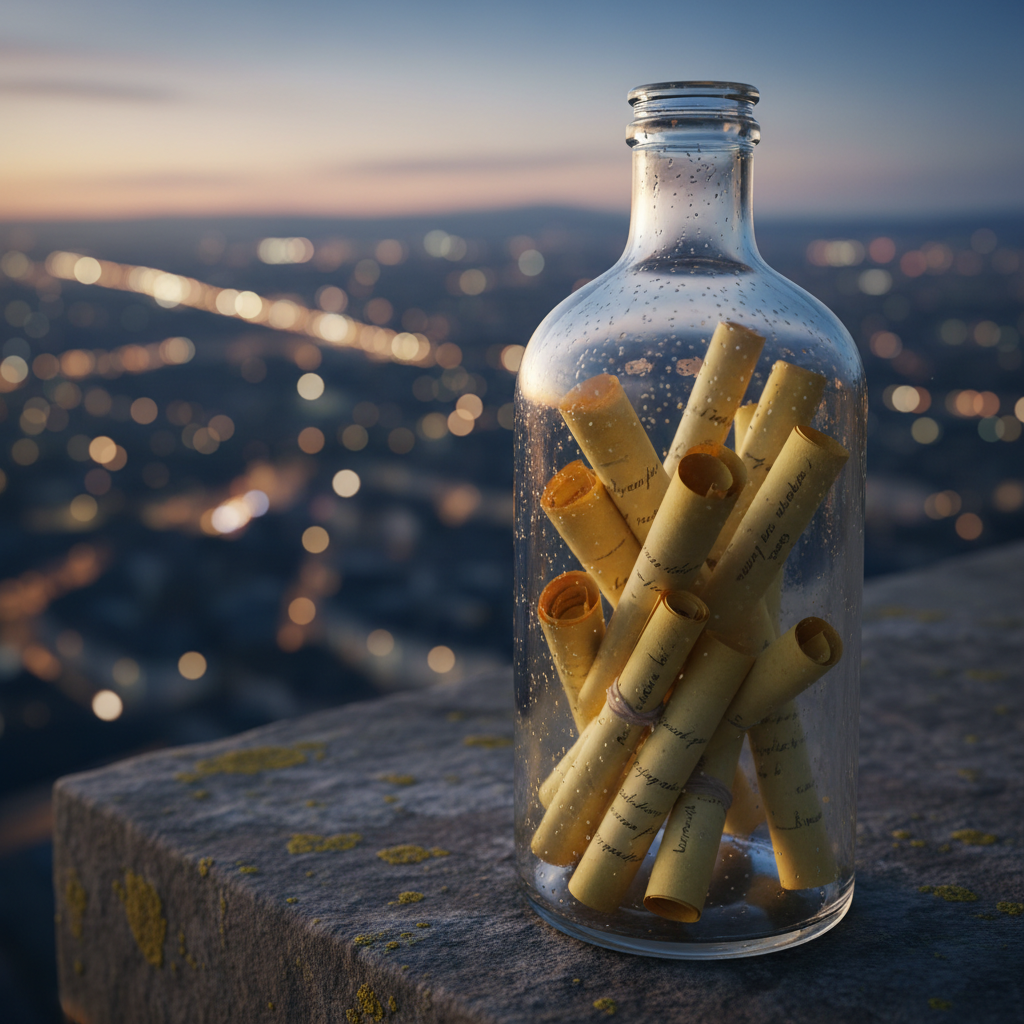An antique glass bottle filled with folded, yellowed paper slips, each delicately curled at the edges as if holding forgotten confessions. The bottle stands on a weathered stone ledge overlooking a blurred, distant cityscape at dusk, lights beginning to glimmer softly. Cool blue twilight mingles with the last traces of warm sunset, creating a tender, melancholic palette. Side lighting from the right accentuates the subtle imperfections in the glass and the texture of the papers within. Photographic realism with a cinematic, slightly elevated angle and moderate depth of field, keeping the bottle sharply focused while the city melts into a creamy bokeh, suggesting memories of past loves and unsent words.